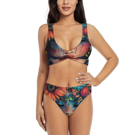 Zeuib Bohemian Colorful Flower Woman High Waisted Tummy Control Bikini Set - Knot Front Push Up Top & Cheeky Thong Bottom  Two-Piece Swimsuit for Women-X-Large