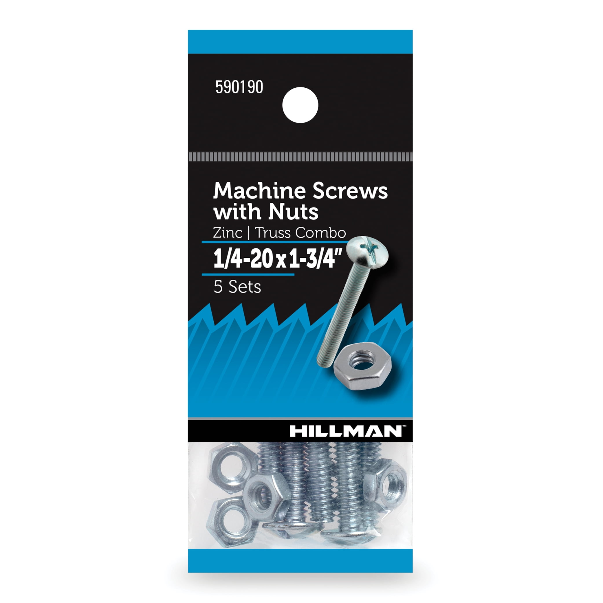(6 pack) Hillman Machine Screws w/ Nuts 1/4"-20 x 1-3/4", Steel, Zinc, Interior Truss Head, Silver, 5 sets