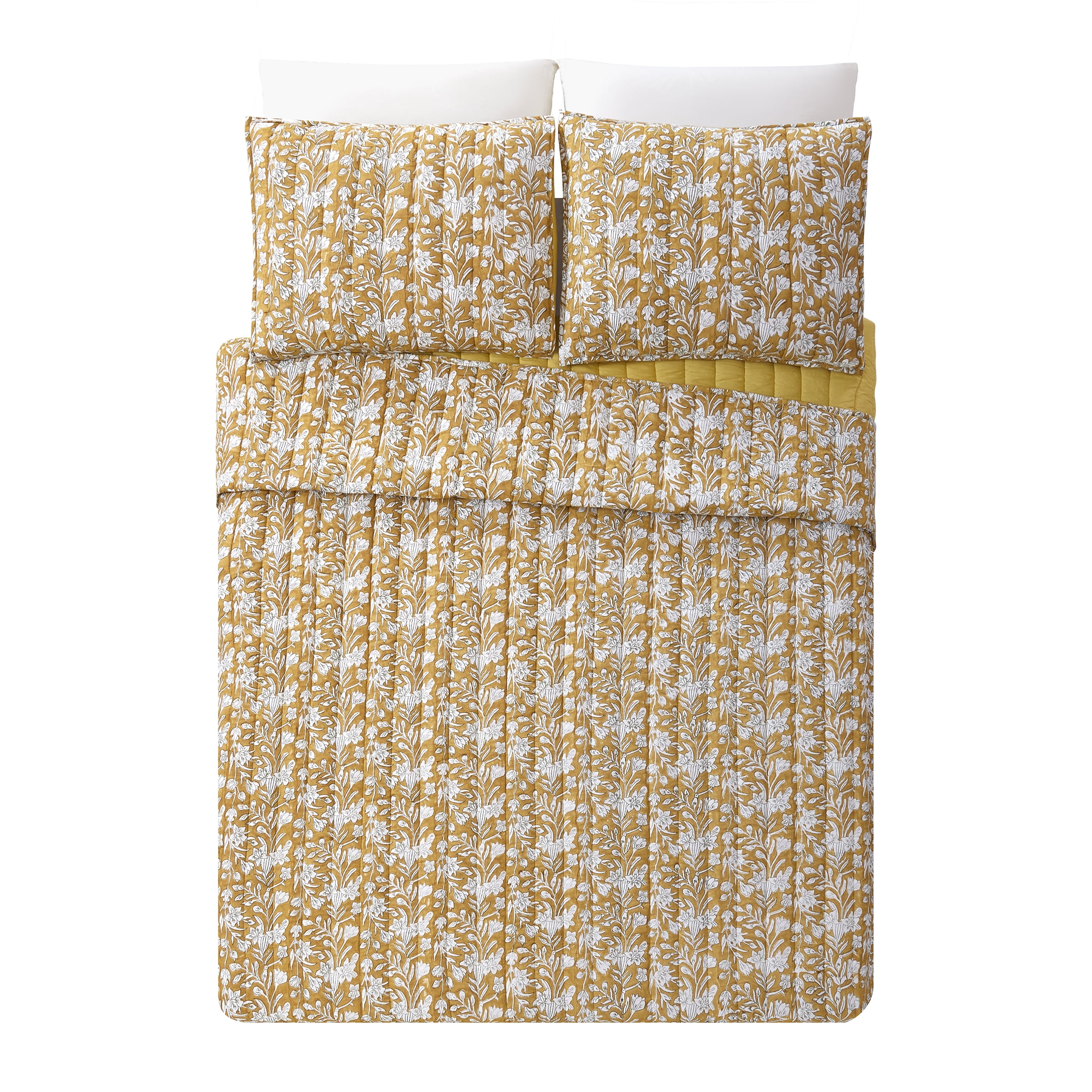 Laurel & Mayfair Block Print Sketched Floral Gold 3-Piece Cotton Voile Quilt Set, Full/Queen
