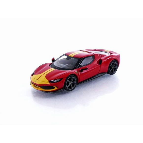Ferrari 296 GTB Assetto Fiorano Rosso Corsa Rouge avec Rayures Jaunes 1/64 Voiture Miniature Moulée sous Pression par BBR