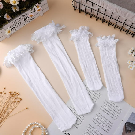 LEORX 2 Pairs Frilly Socks For Women Long Lace Socks With Bows Ruffle Socks For Girls High Socks With Bow Cute White Stockings For Women