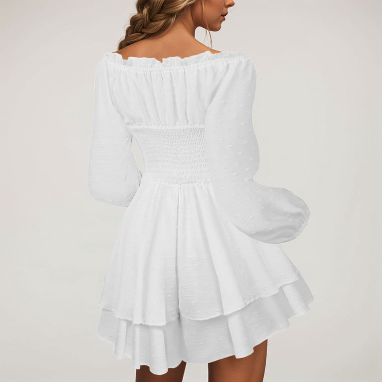 TTUHYWXI Women's Off Shoulder Flowy Corset Mini Dress Square Neck Smocked  Ruffle Romper Y2k A Line Swing Fairy Short Dresses (White, M) - Walmart.com