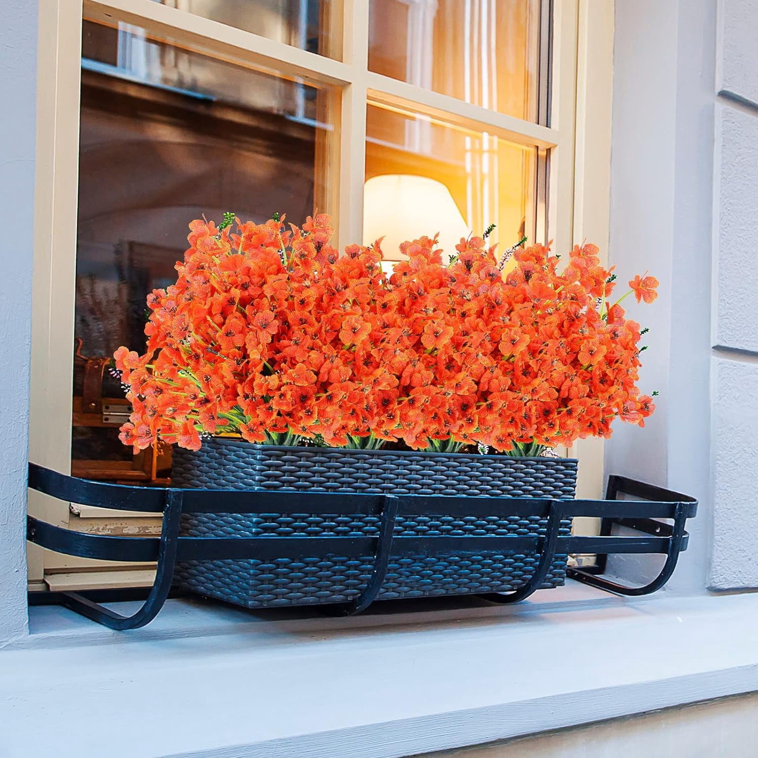 6 Bundles Artificial Flowers for Outdoors, Fake Silk Violet Flowers Faux Plants UV Resistant for Hanging Planters Window Box Front Porch Indoor Outside Decorations (Orange)