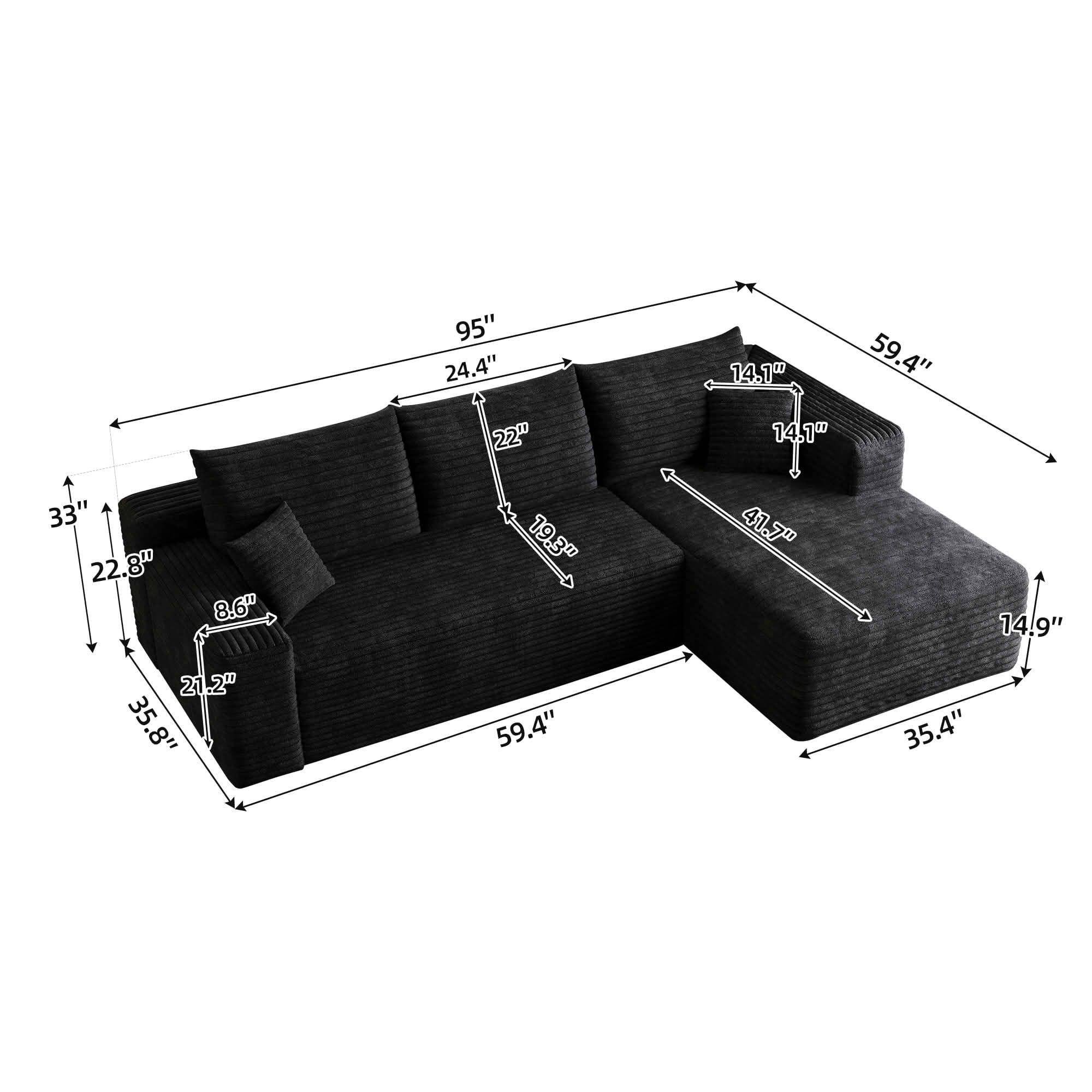 MAYEERTY 94-Inch Black Plush Corduroy 3-Seat U-Shaped Cloud Modular Sectional Sofa, Deep Seat Corner Couch No Assembly Required