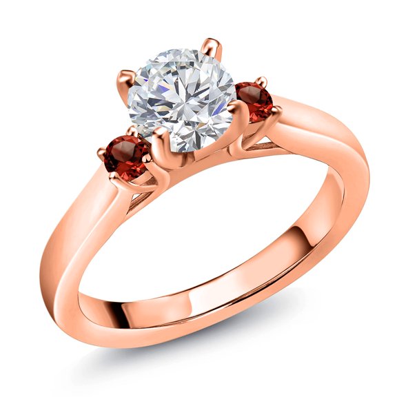 Gem Stone King 18K Rose Gold Plated Silver Lab Grown Diamond and Red Garnet Engagement Ring for Women | 0.88 Cttw | Round 6MM | Gemstone April Birthstone | Size 7