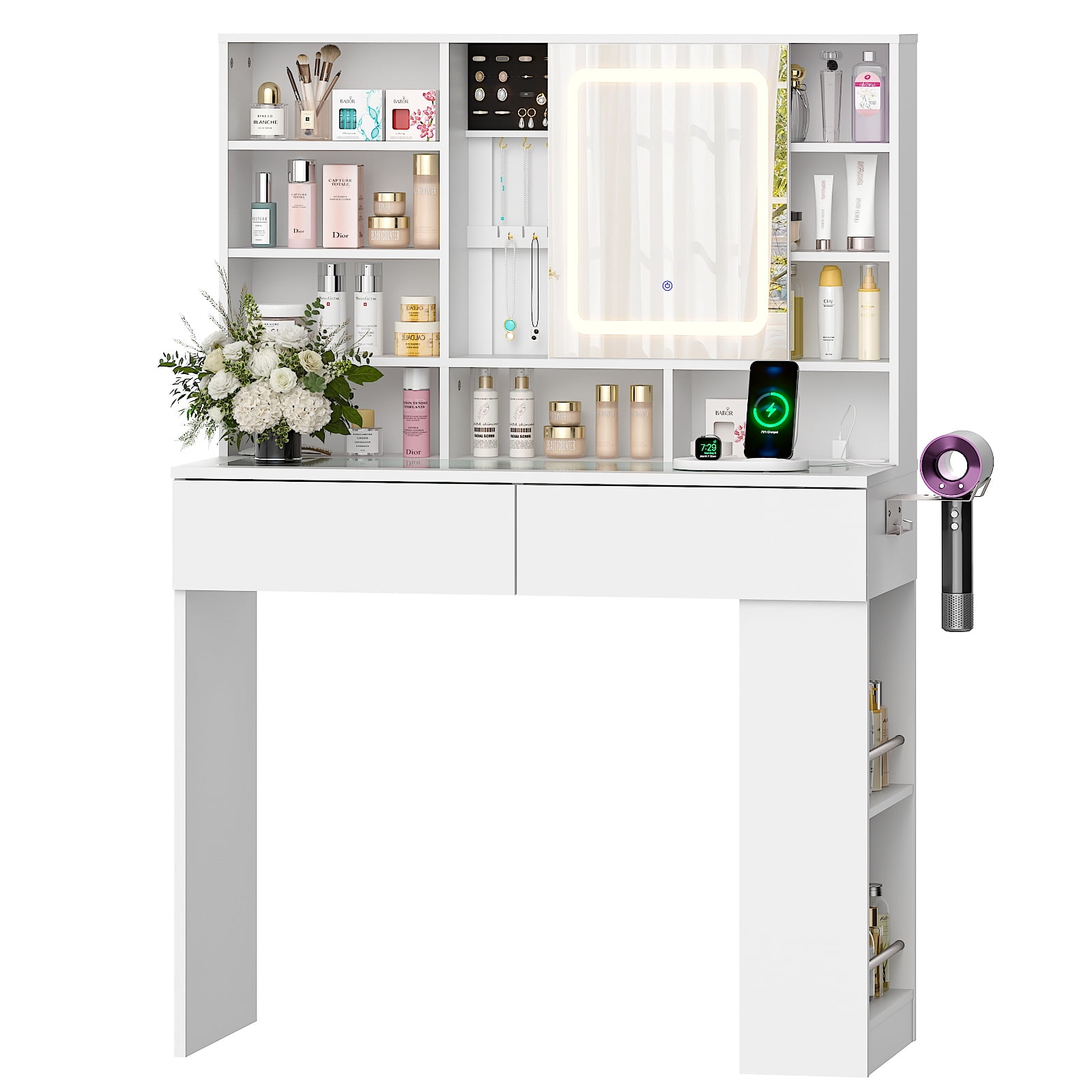 Ktaxon Makeup Vanity w/ Sliding Mirror, Get Ready with Me Vanity Table with Glass Table Top, White