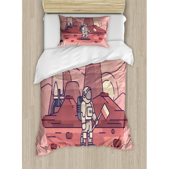 Astronaut Duvet Cover Set Twin Size, Image of a Spaceman on a Planet Drawing Illustrated by Hand, Decorative 2 Piece Bedding Set with 1 Pillow Sham, Blush Champagne and Purpleblue, by Ambesonne