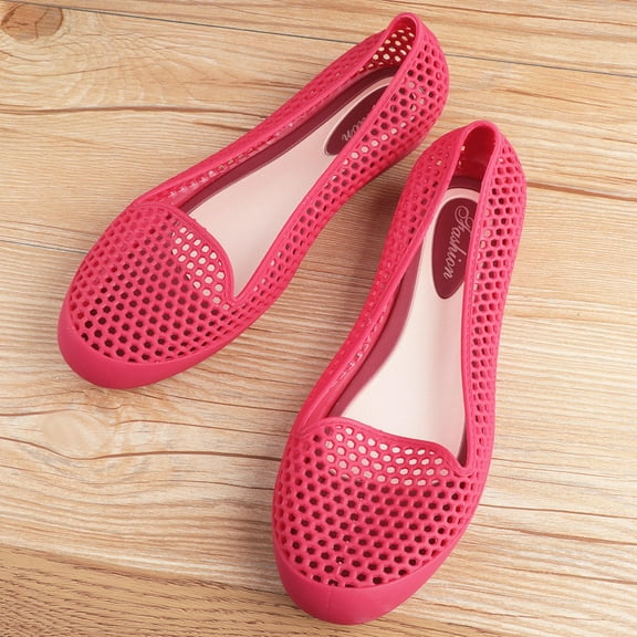 Worgeous Beach Shoes Breathable Cool Durable Simple Hollow Plastic Shallow Flat Leisure Shoes for Outdoor (Red, 36 Yard)