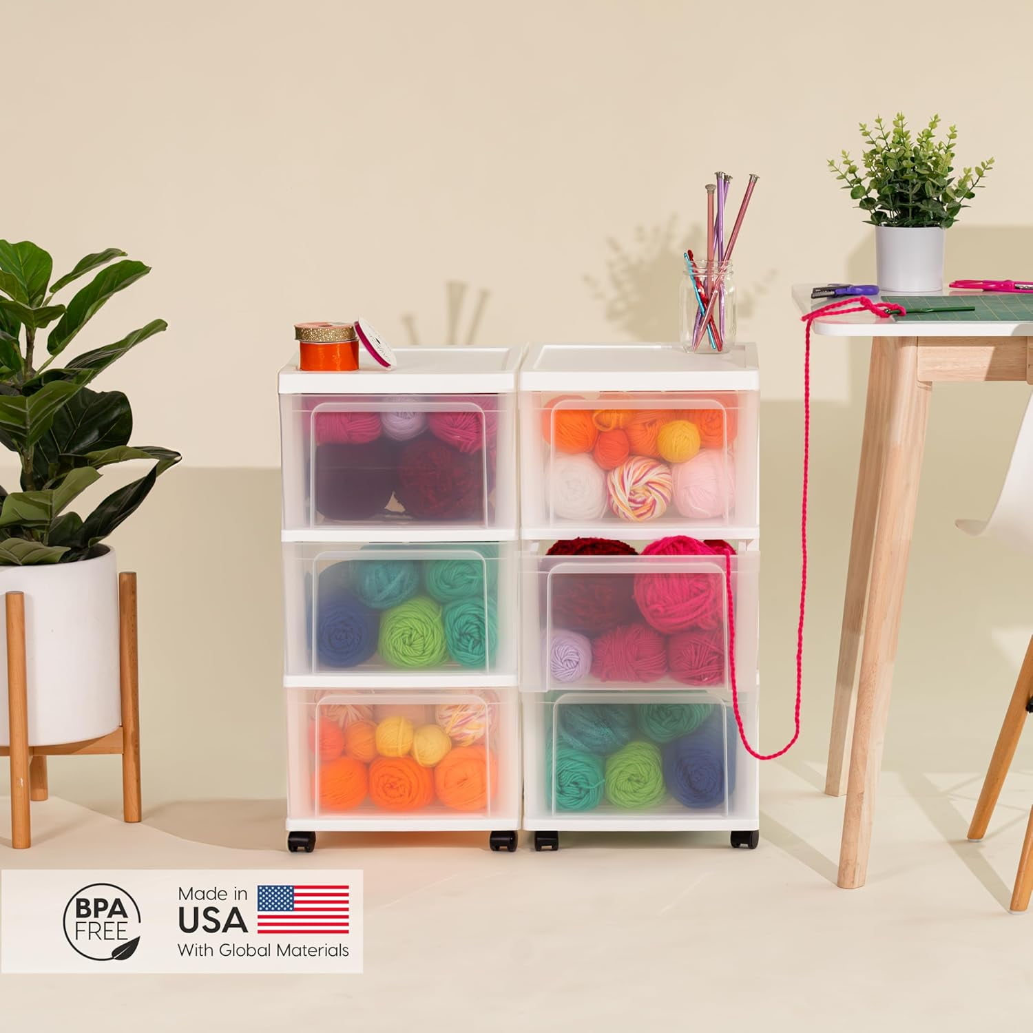 IRIS Plastic 3-Drawer Storage Organizer Rolling Cart with Wheels, Slim Narrow Design, White/Clear