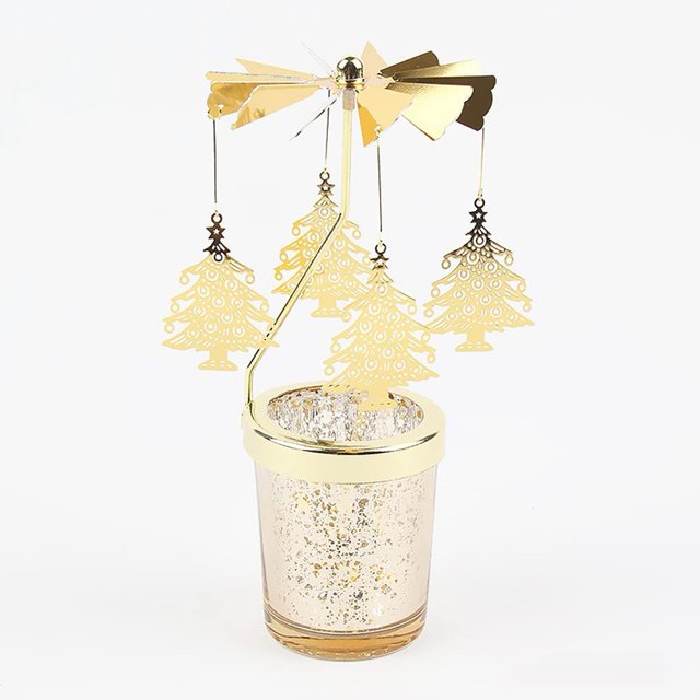 Spinning Candle Holder with Cup, Golden Rotating Candlestick Set for Romantic Wedding, Christmas Party, Home Table Decorations, Favor Gift (Christmas Tree)