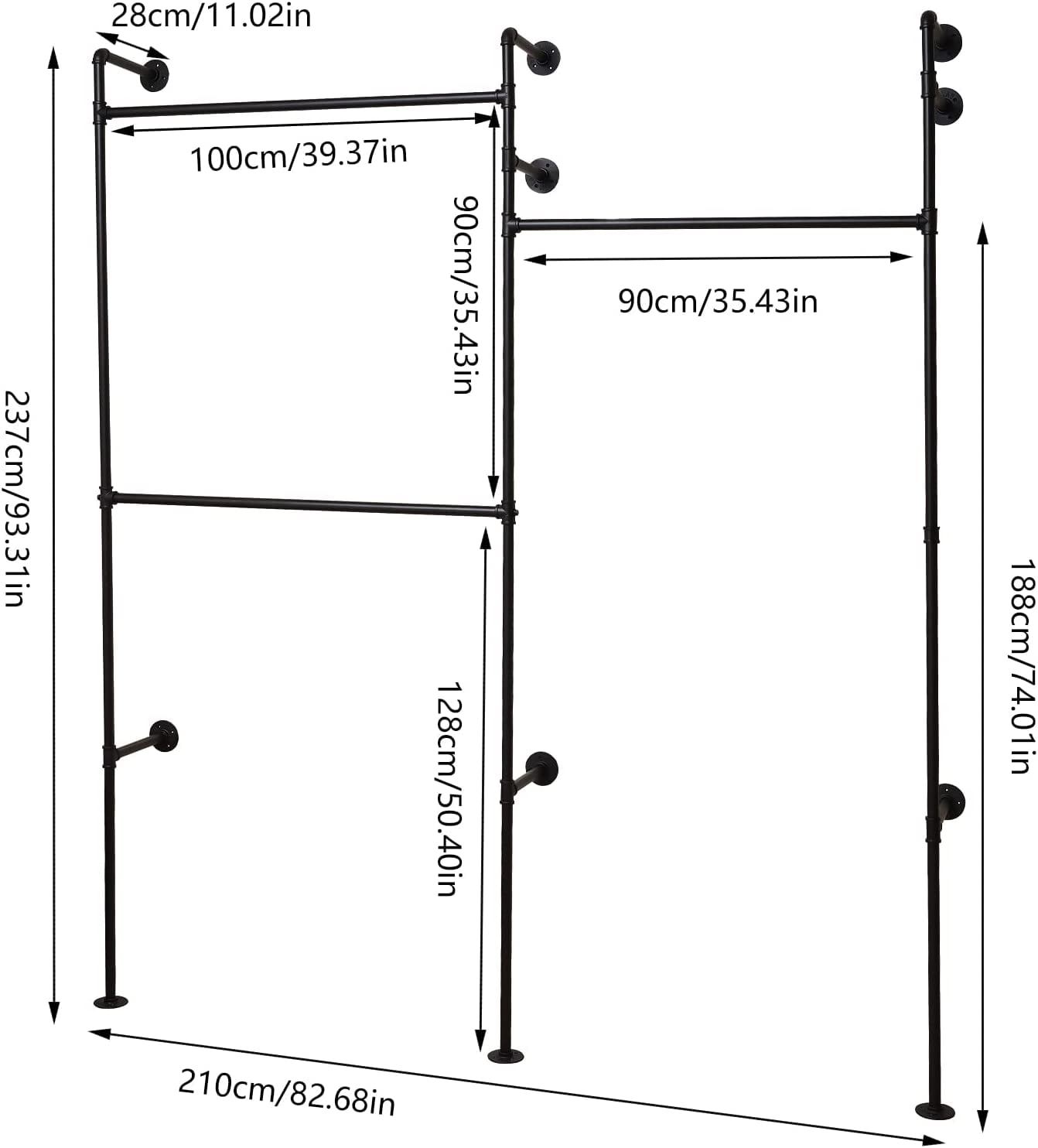 Industrial Pipe Clothes Rack, 3 Tier Wall Mounted Hanging Metal Garment ...