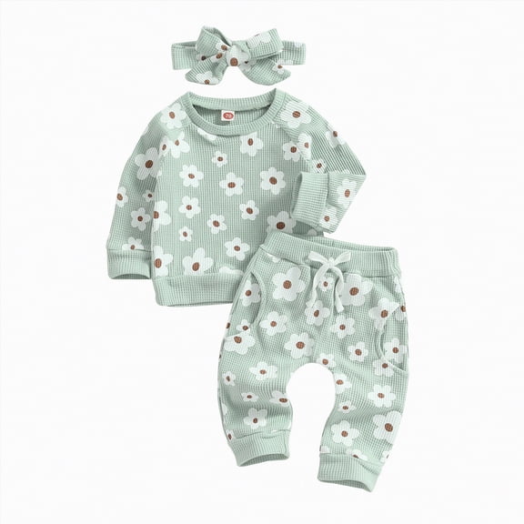 Xyant 3Pcs Toddler Baby Girl Outfits Daisy Sweatshirt Pants Headband Fall Winter Clothes (Green,18-24 Months)