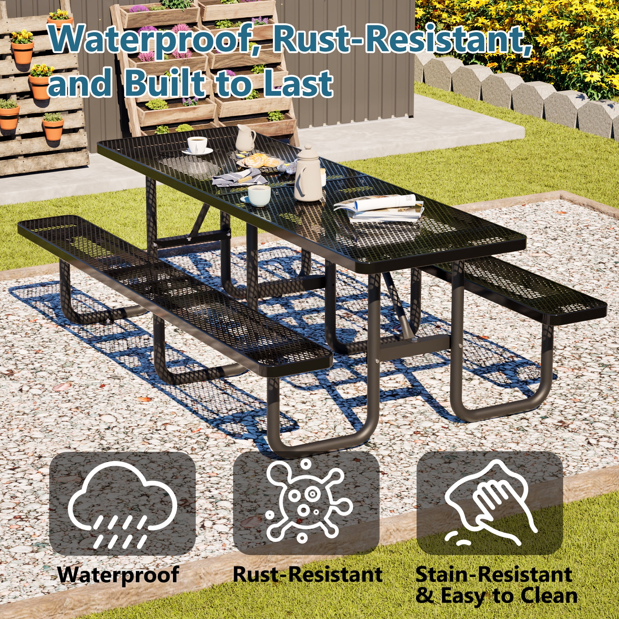 Outdoor Picnic Table Bench Set for 10-Person,All Weather Metal Patio Dining Furniture with Umbrella Hole & 2 Benches for Backyard,Picnic,Camping,Black