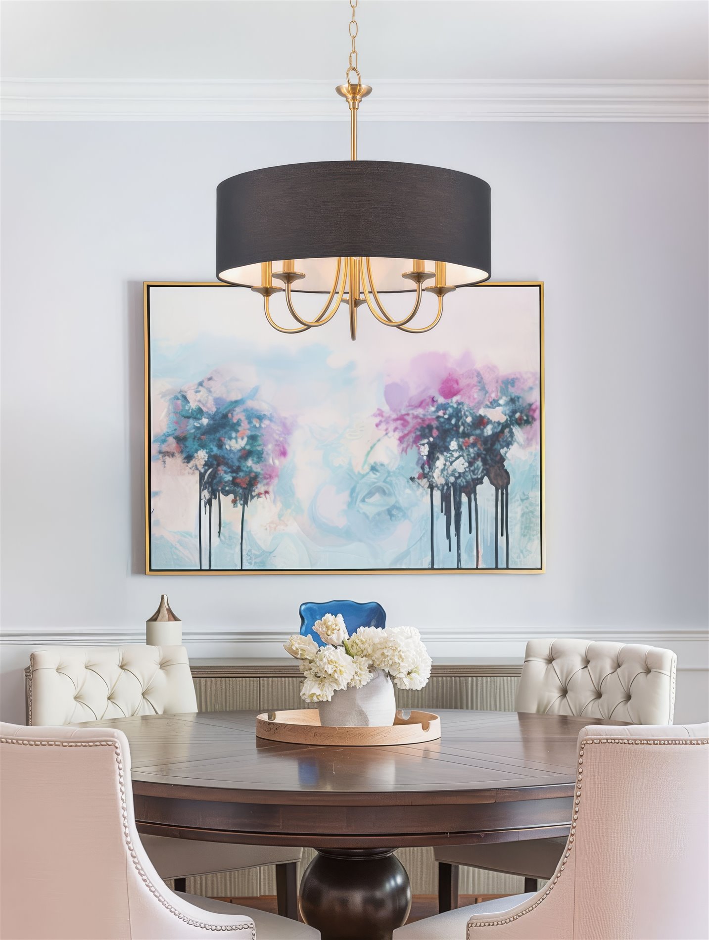 Kira Home Quinn 22" Drum Gold Chandelier, Black Linen Shade, Farmhouse Hanging Light, Black Drum Shade, Cool Brass