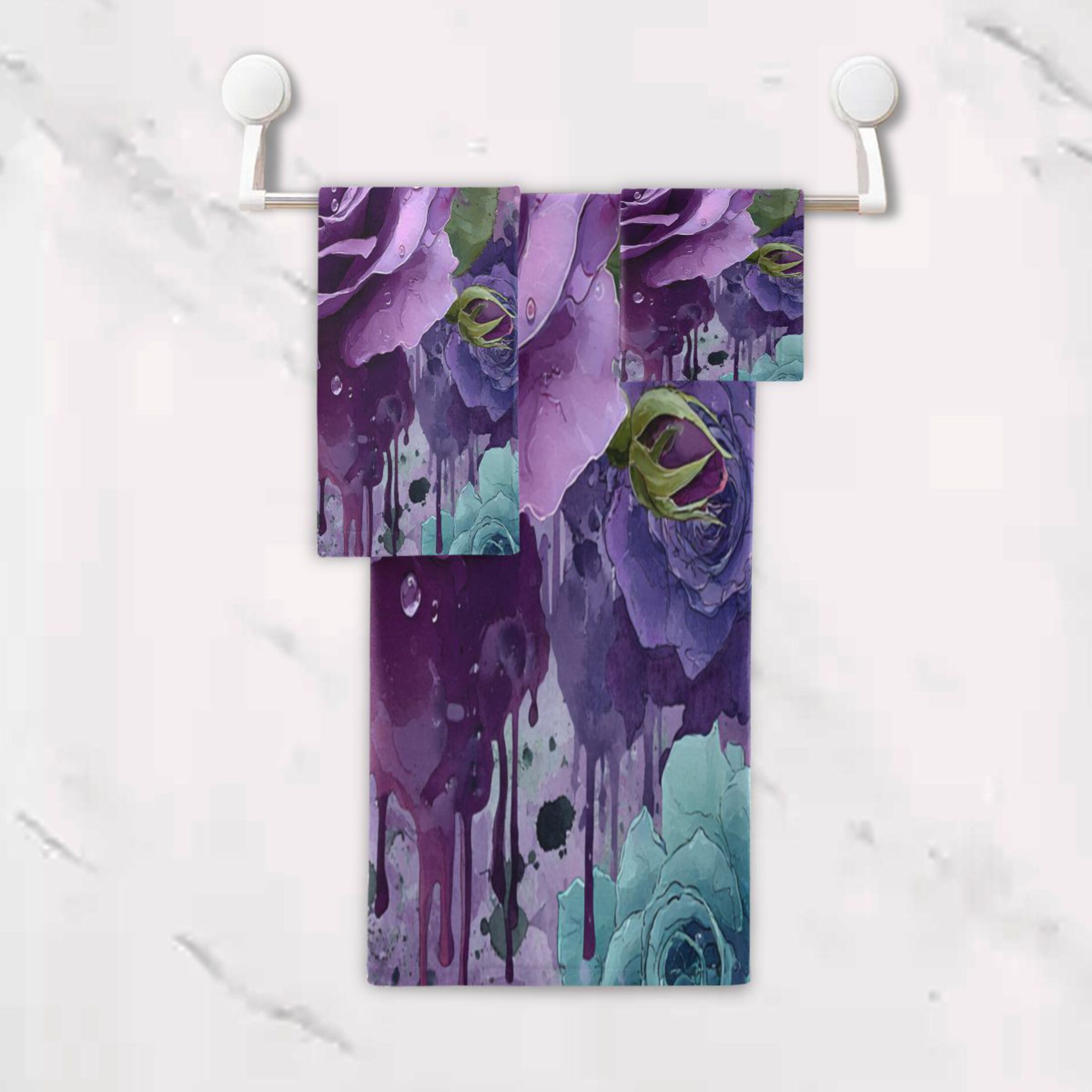 3 Sizes of Towel Sets Including Bath Towel Hand Towel and Washcloth for Daily Use Purple Rose Gradient Painting