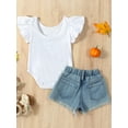 thumbnail image 3 of GXFC Little Girls Fashion Shorts Outfits Kids Girls Fly Sleeve Letter  Rompers Tops and Ripped Denim Shorts 2Pcs Casual Summer Clothes Set for Kids Girl 1-6T, 3 of 9