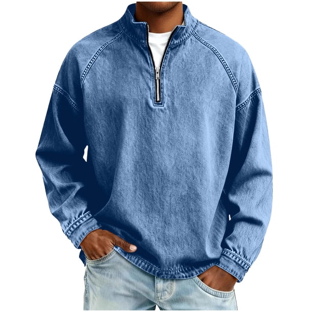 Hombres Zip Up Sudadera con Capucha de Pie Cuello Lavado Denim Afligido Medio Cremallera Manga Larga Casual Superior Poliéster Mezcla Chaqueta