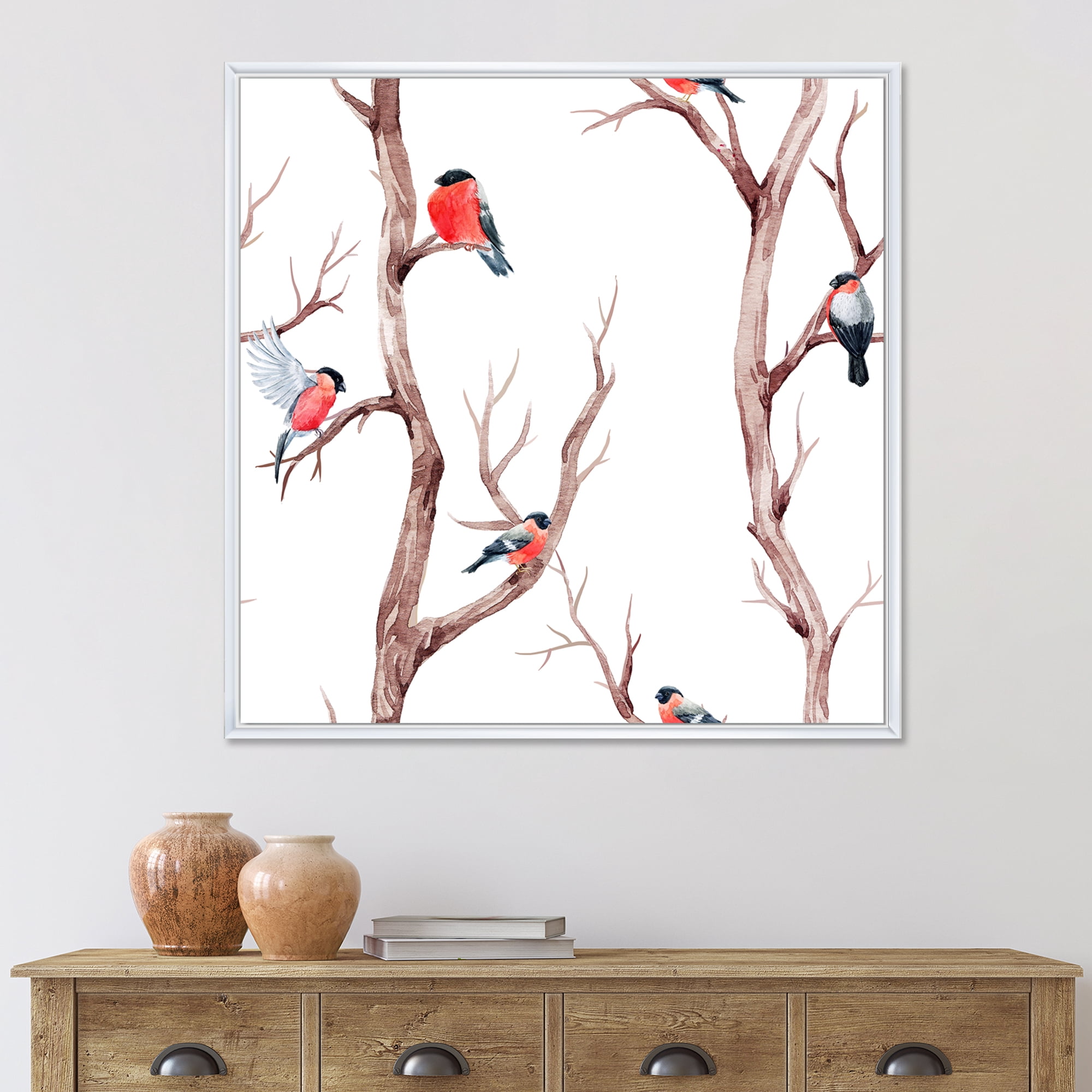 Little Birds Sitting On The Tree Branches III 36" x 36" Framed Painting Canvas Art Print, by Designart