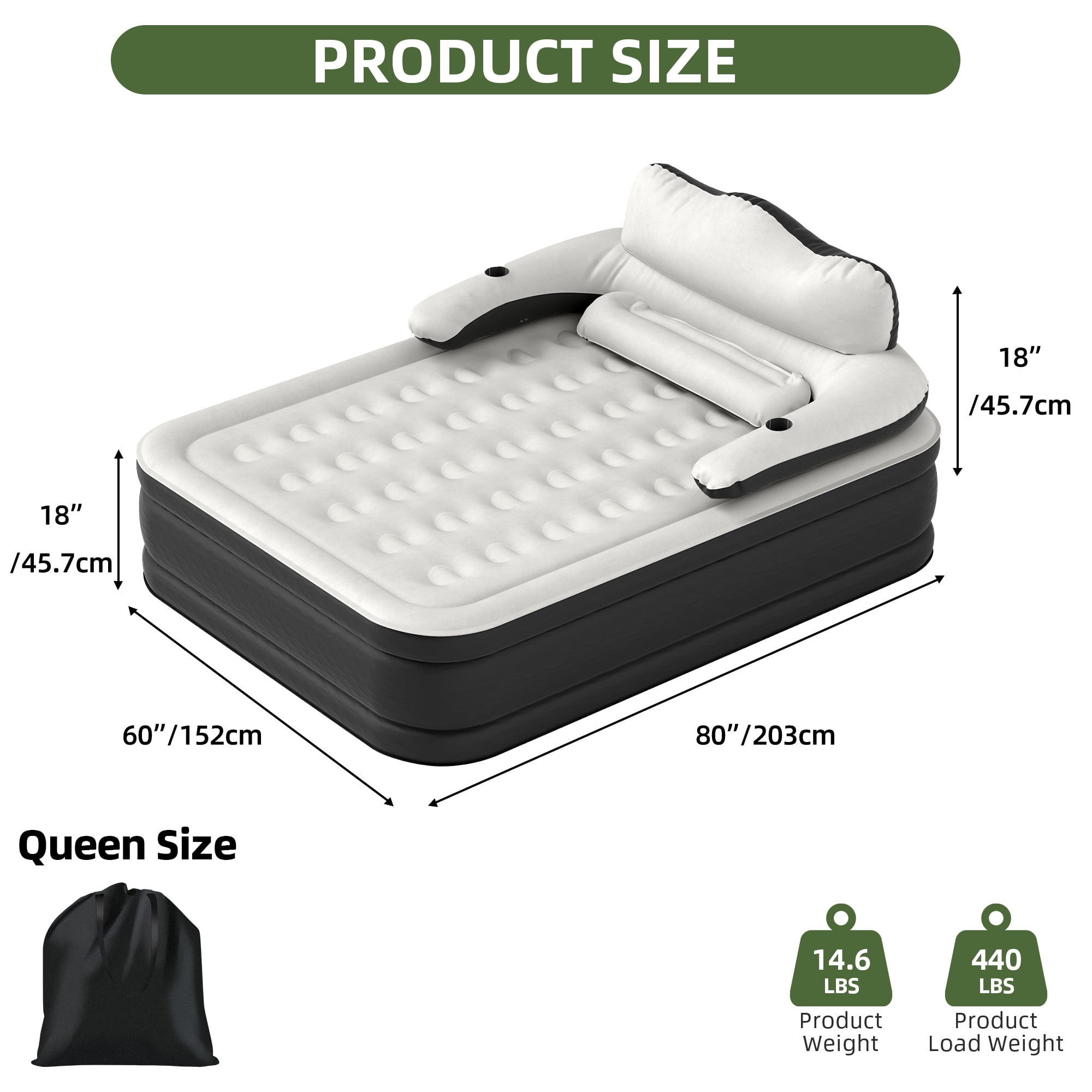 Uforic Queen Size Air Bed with Detachable Headboard & Integrated Pump, 18in Inflatable Mattress with Accessories for Home, Outdoors, and Travel