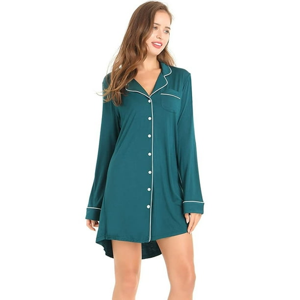 Female Button Front Sleepshirt Long Sleeve Nightgown Nightshirt