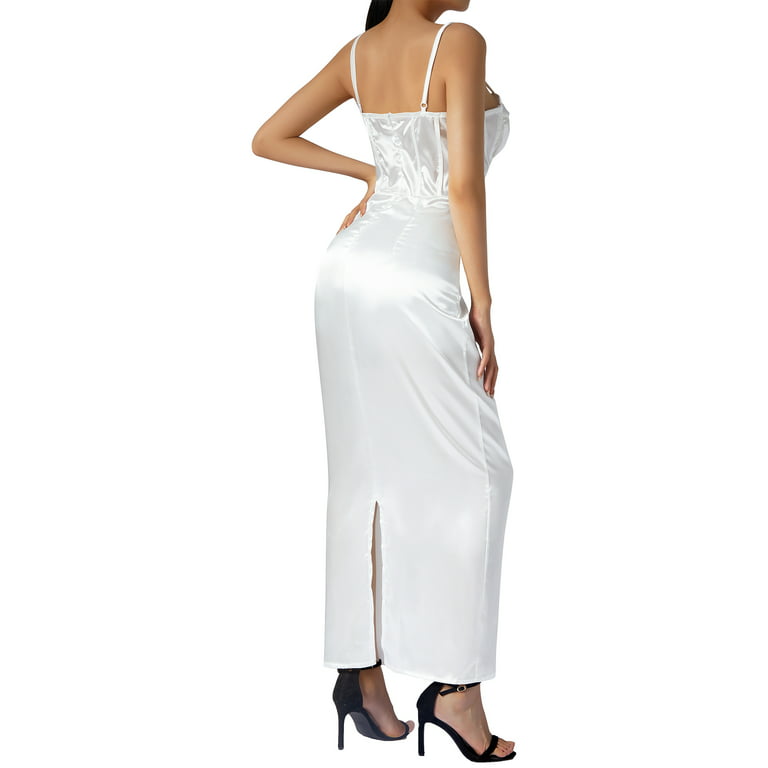 Women Sexy Satin Corset Bodycon Maxi Dress Silky Spaghetti Strap Push Up  Fishbone Ruched Evening Party Long Dresses