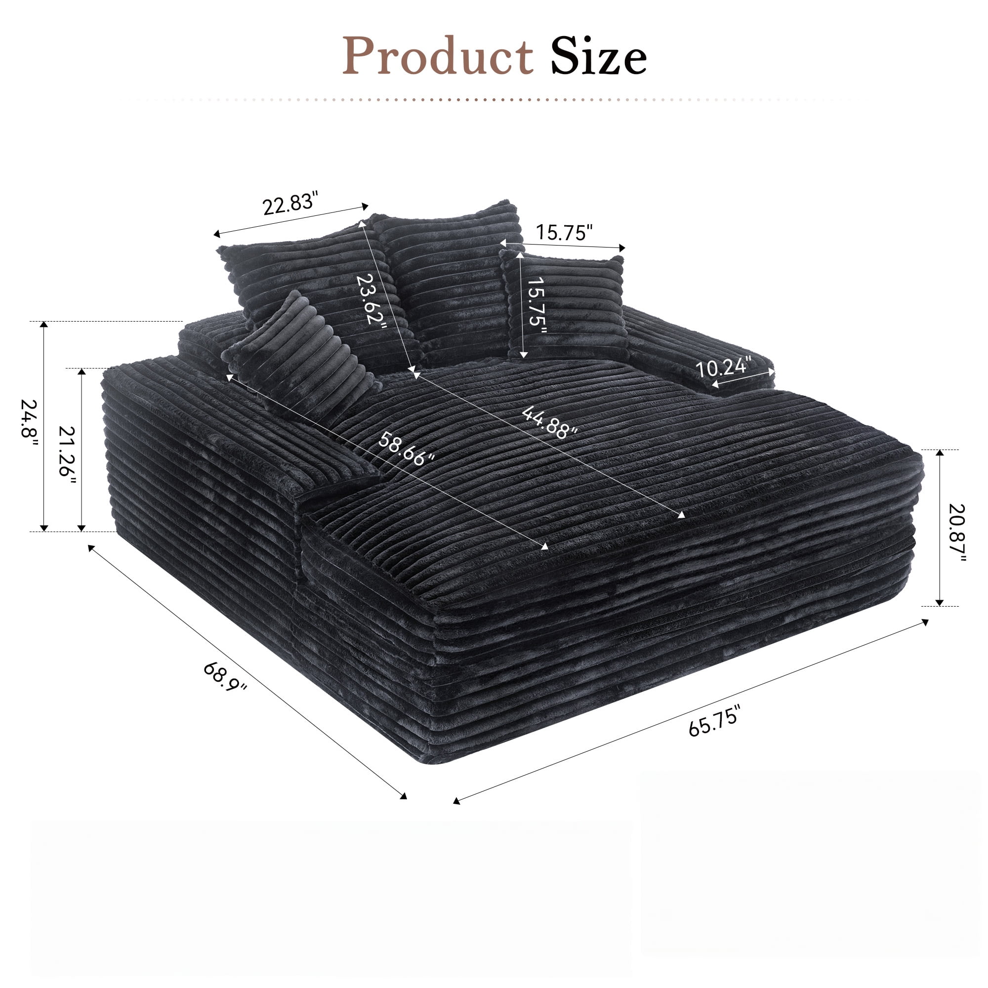 Modern Corduroy Oversized Chaise Lounge Chair, 66"Double Daybed Sofa Sleeper with 4 Pillows, No Assembly Cloud Couch for Living Room, Dark Gray