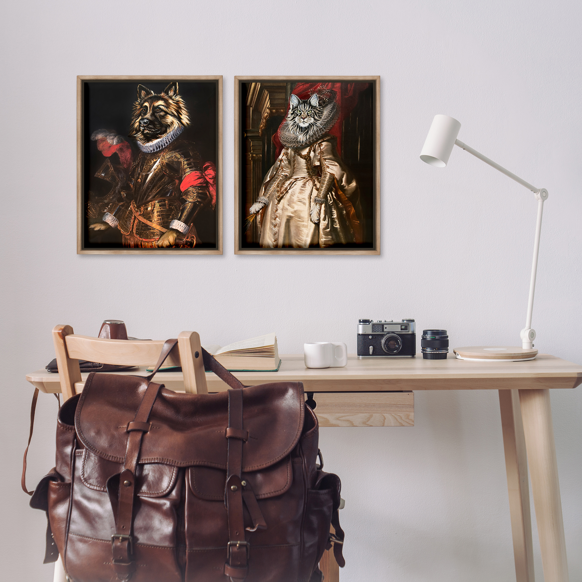 Stupell Industries Royal Garb Dog & Cat Novelty & Humor Painting Brown Floater Framed Canvas Art Print Wall Art, 17 x 21, Set of 2