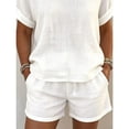 thumbnail image 4 of Cagogo Women Plus Size 2 Piece Shorts Set Casual Summer Cruise Outfits Round Neck Short Sleeve Tshirt Pocket Elastic Waisted Shorts Matching Lounge Tracksuits Travel Airport Clothes, White L, 4 of 6