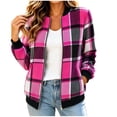 thumbnail image 2 of Women's Plaid Bomber Jacket Zip Up Wool Blend Long Sleeve Warm Fall Winter Coats with Pockets, Ribbed Details (S, Hot Pink), 2 of 7