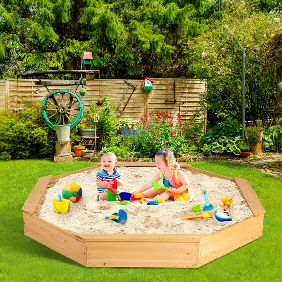 Haverchair 85''x80''x9'' Octagon Kids Sandbox with Cover, Wooden Outdoor Playhouse, Wood Large Sandpit with 4 Benches - 8 Seats & Bottom Liner for Kids Outdoor Patio Backyard Play, Quick Easy Install