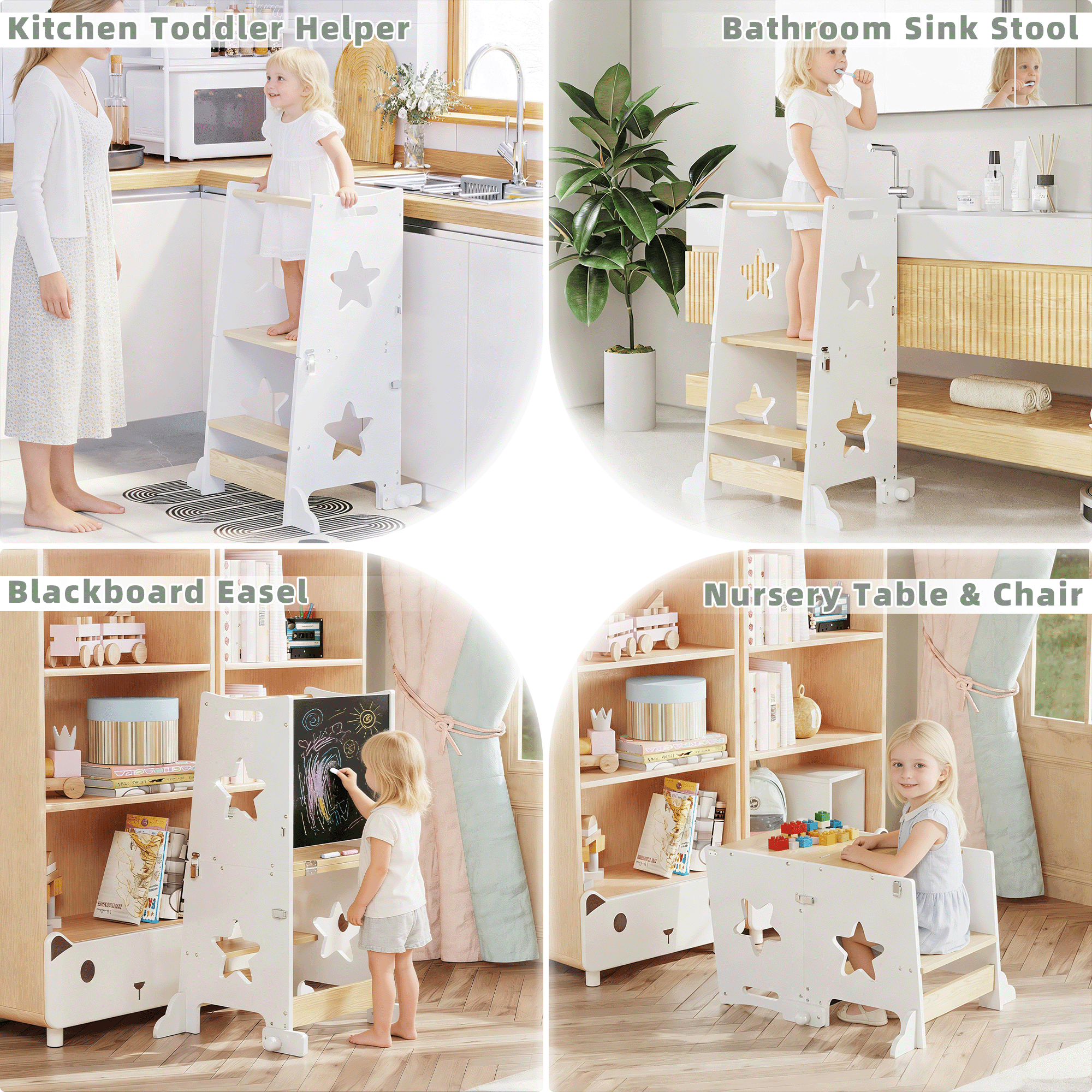 3 in 1 Toddler Kitchen Step Stool, Foldable Learning Standing Tower with Blackboard, Wooden Kitchen Stool Helper for Kids, 1-3 Year Old Boy Girl Gifts