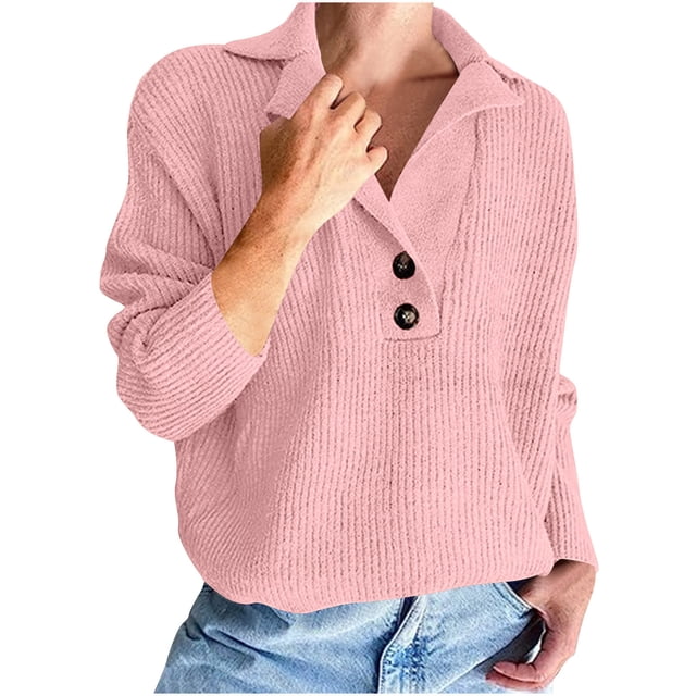 cfhntfmh Women's Fall Sweaters 2024 Knitted V-Neck Collared Button Pullover Tops Long Sleeve Trendy Sweaters