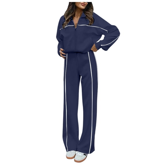 Valora Women Fashion Clothes Women's Two Piece Tracksuit for Women Long Sleeve Zip Up Sweatshirt Pant Set Jogger Activewear Fall 2024 ReadytoWear Blue L