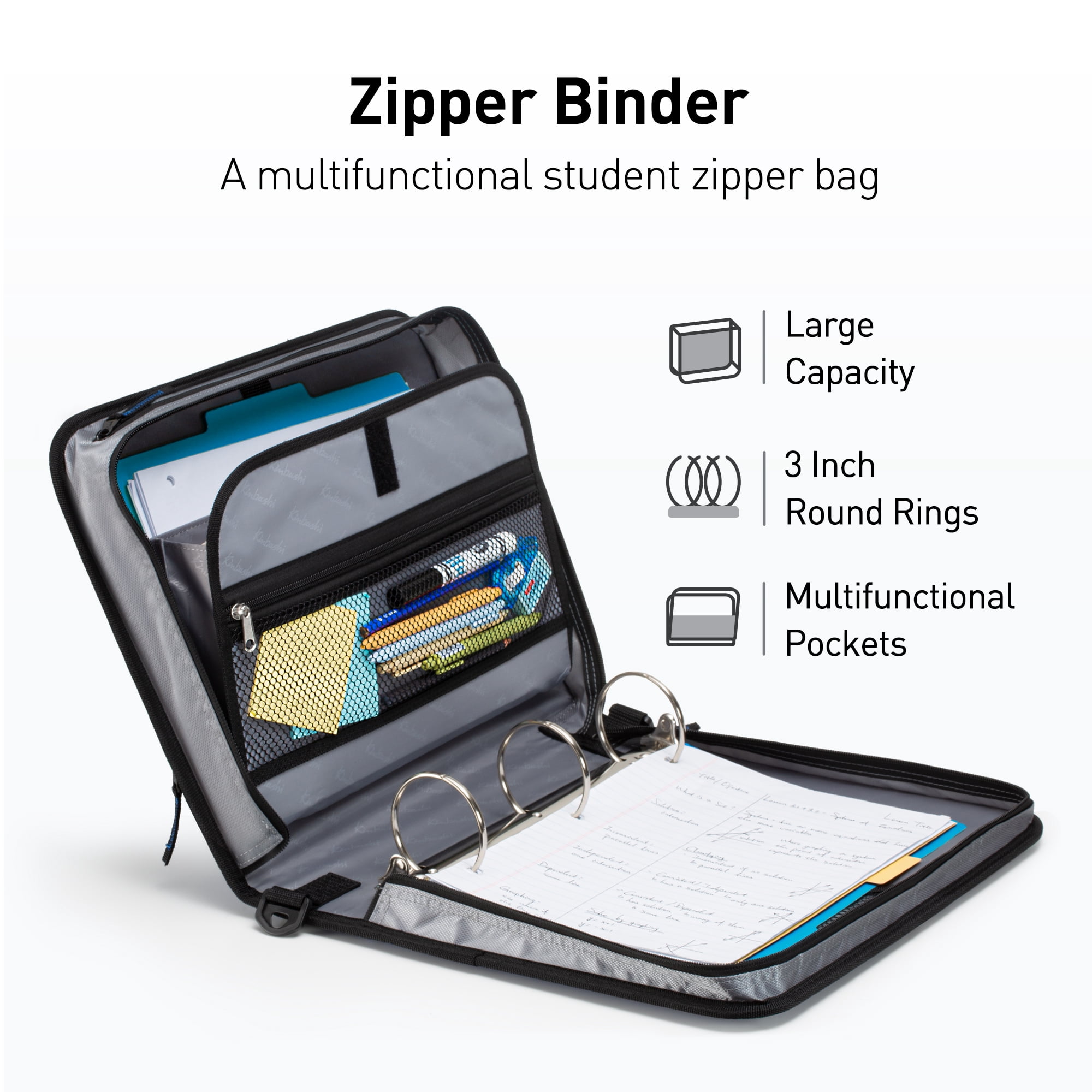 Kinbashi 3-Inch Zipper Binder, 3 Rings Binder with Expanding File and Shoulder Strap, Blue