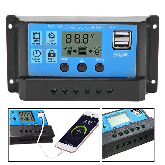 Controlador USB dual, regulador solar automático solar azul PWM Regulador solar LCD Funcionalidad versátil