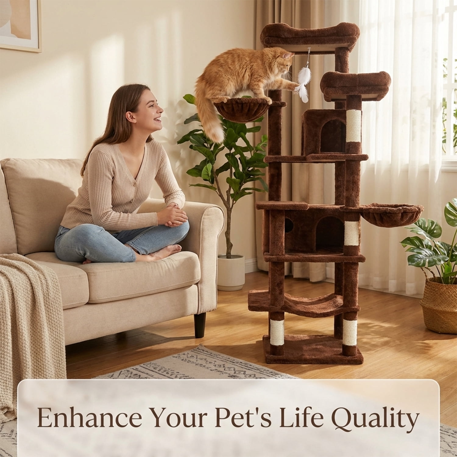 ZephyPaws 68" Cute Cat Tree for Indoor Large Adult Cats,Tall Cat Tower with Scratching Post & Condo,Hammock,Space Capsule,Brown