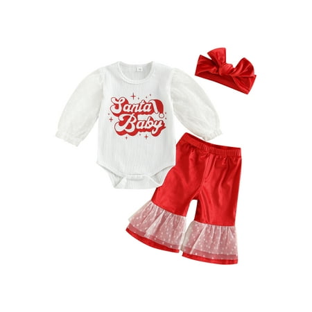 

xingqing 0-18M Christmas Newborn Baby Girl Pants Outfits Letter Puff Long Sleeve Romper + Flare Pants + Headband Fall Winter Clothes Red 0-3 Months