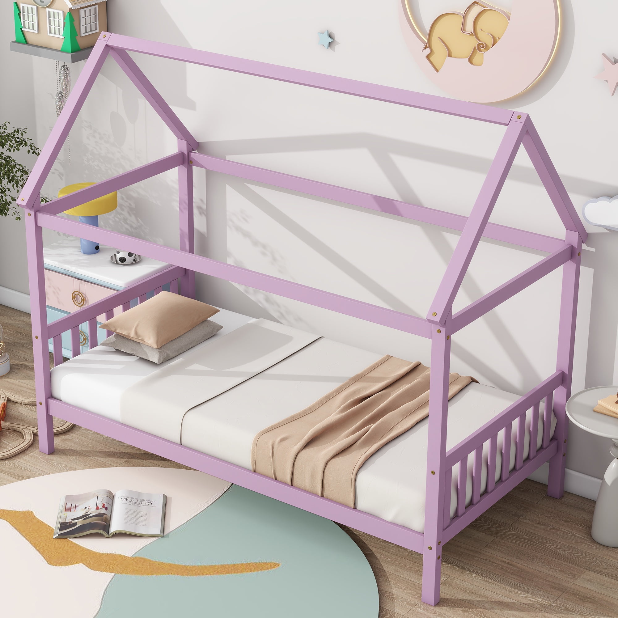 Bellemave Twin House Bed with Headboard and Footboard Sturdy Rubber Wood Platform Bed Frame, Montessori House Bed, No Box Spring Needed  (Twin, Pink)
