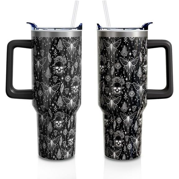 Halloween Goth Skull 40oz Tumbler Cup with Handle and Straw, Witch Moth Gifts for Women Girls, Holiday Stainless Steel Insulated Water Bottle 1PC