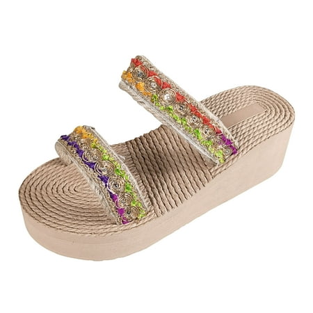 

Ladies Summer Bohemian Style Rope Weaving Beach Outside Wear Slope Heel Large Size Sandals Slippers