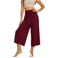 thumbnail image 6 of Womens Trendy High Waisted Wide Leg Capri Pants Flowy Elastic Waist Gaucho Trousers with Pockets Casual Lounge Vacation Pants Wine, 6 of 7