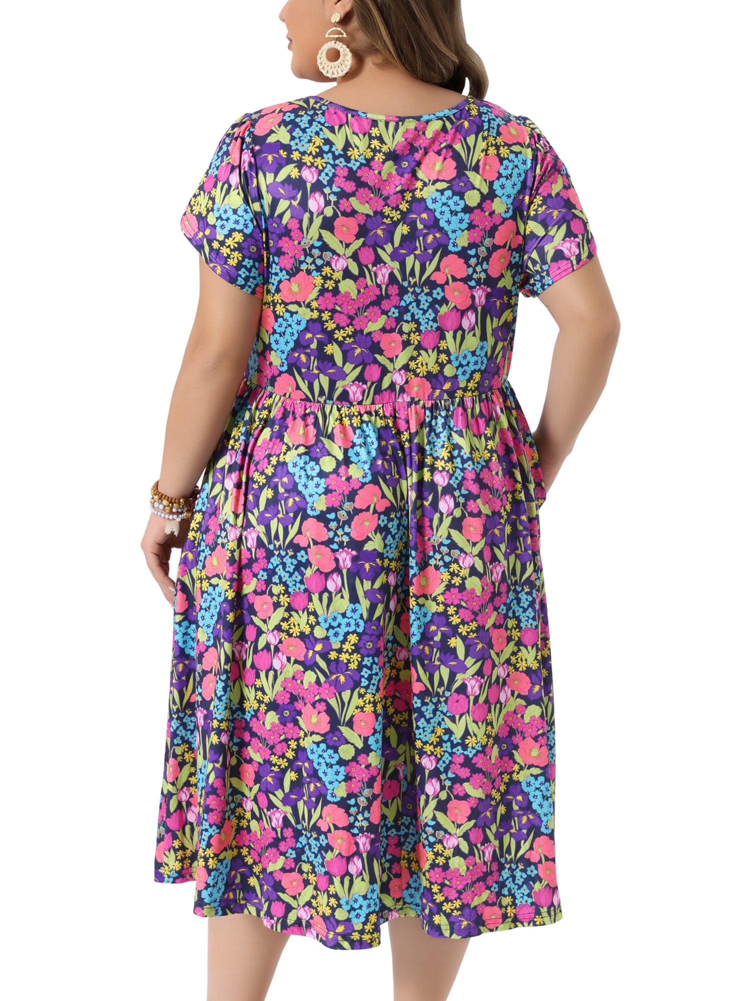DARING DIVA Women's Plus Floral Print Crew Neck Tulip Midi Dress 3X Black Purple