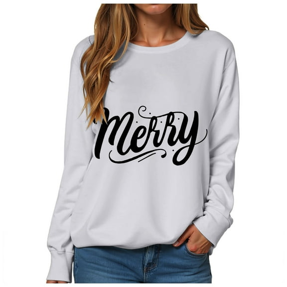 larppty Merry Sweatshirts for Women Christmas Crewneck Sweaters Letter Pullover Winter Tops Fashion Outfits (Light Gray, L)