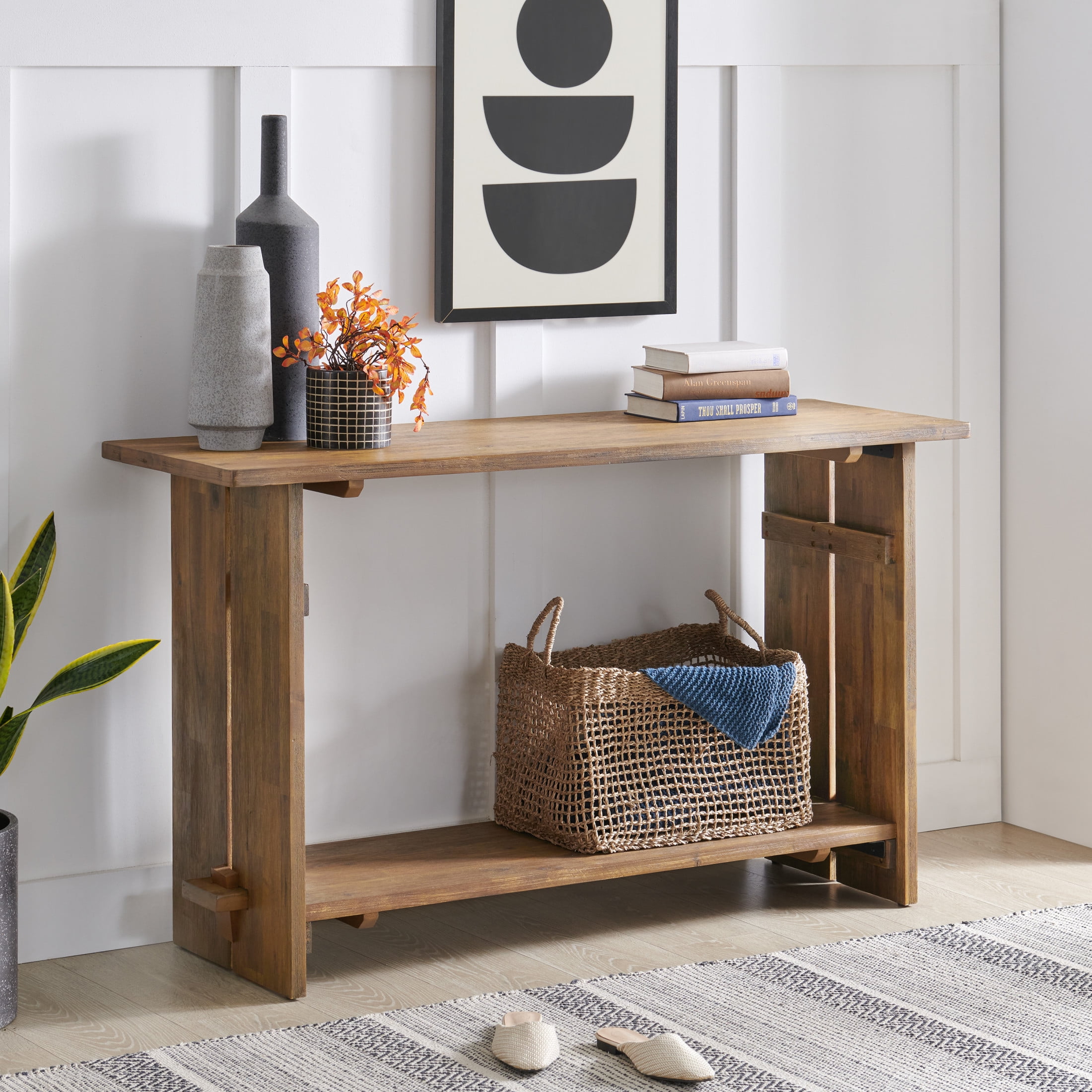 Alaterre Furniture Bethel Acacia Wood Console Table, 52 in. W Entryway Table with Dual Shelf Storage, Rustic Natural Aged Brown