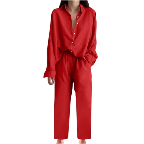 XuJwPNcy Womens 2 Piece Outfits Long Sleeve Button down Shirts with Drawstring Long Pants Sets Loose Fashion Clothes