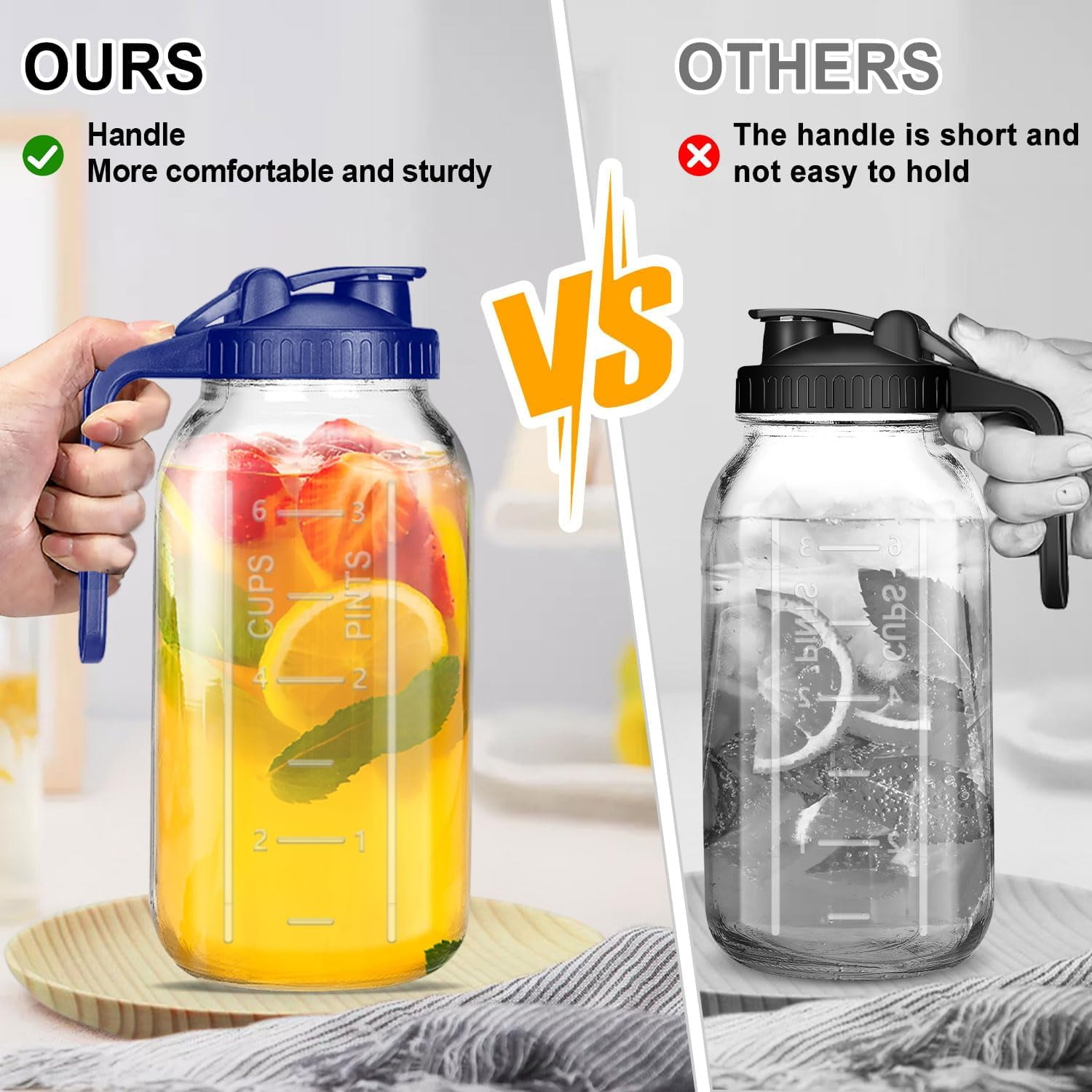 JOGGEIL Glass Pitchers with Lid Set of 2,64OZ Mason Jars with Lid,2 Quart Glass Water Pitcher with Lid,Airtight Seal Wide Mouth Water Jug–Perfect for Cold Brew Coffee,Sun Lemonade, Juice,Milk Blue