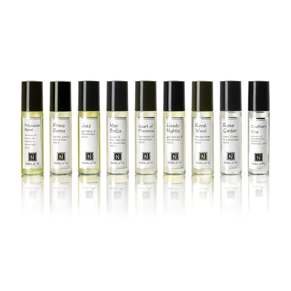Nabila K Perfume roll-on (juego de 9) con aceites esenciales, fragancia orgánica natural y duradera, sin alcohol, perfume de tamaño de viaje para mujeres, aprobado por la TSA 0,33 oz / 10 ml