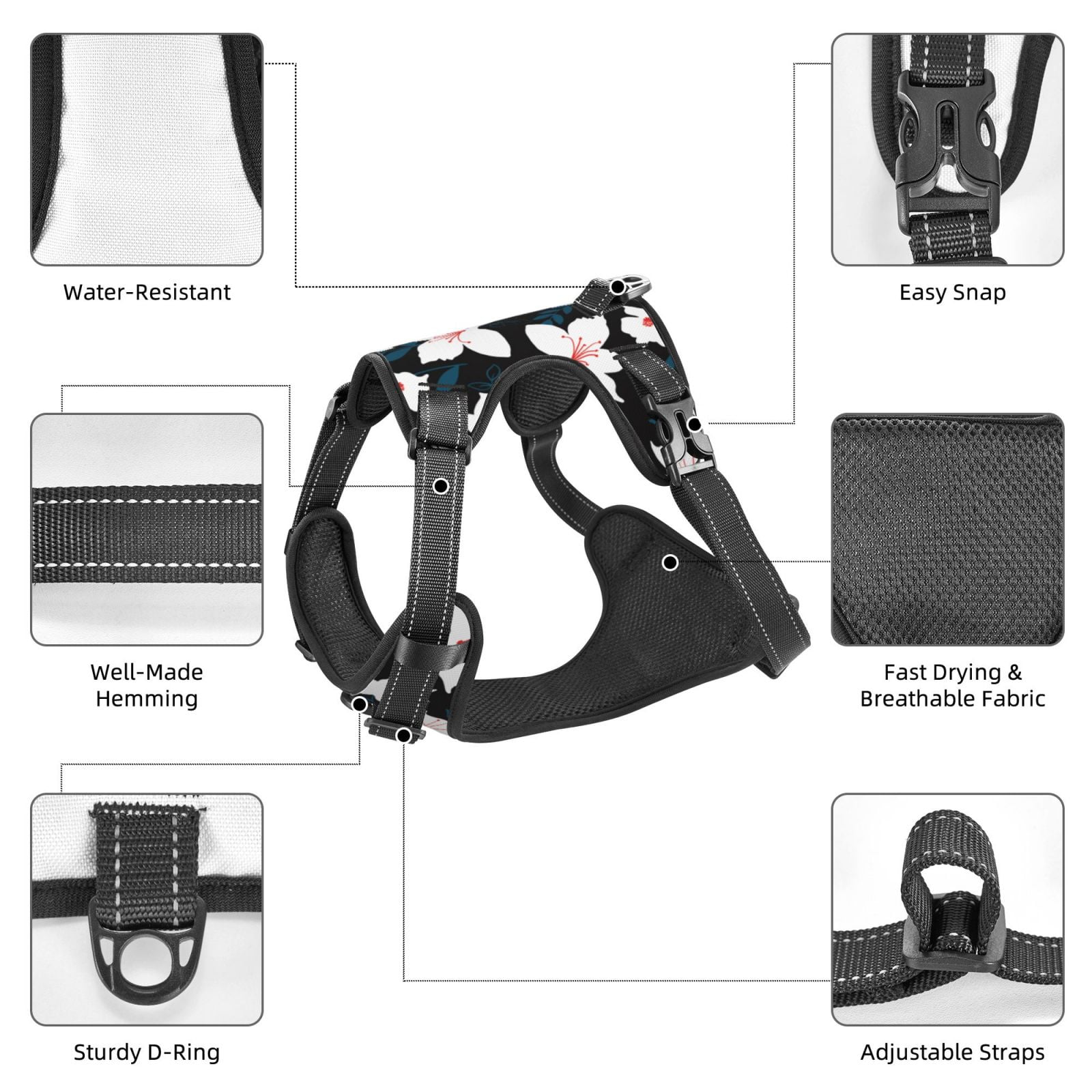 Kdxio Lilies Flowers Print No Pull Dog Harness Adjustable Reflective Oxford Easy Control Medium Large Dog Harness for Training and Everyday-Medium