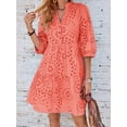 thumbnail image 3 of utcoco Women's 2026 Eyelet Lace Midi Dress V Neck Puff 3/4 Sleeve Button Tiered Sexy A Line Sun Dress, 3 of 6