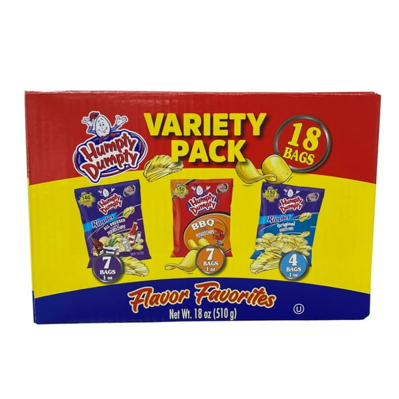 Humpty Dumpty Chips, Assorted 18 Pack, 1oz Snack Bags (BBQ, All Dressed, Regular Ripple)
